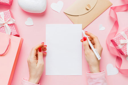 top view photo of valentine day decor female hands holding letter with envelope, small gift box and heart decoration on isolated pastel colored background with empty space.の写真素材