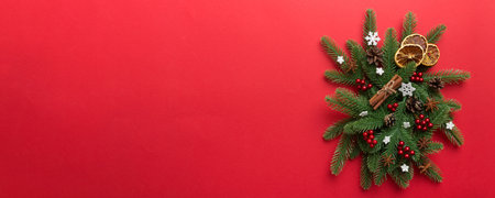 Christmas background with fir branches and Christmas decor. Top view, copy space for text.の写真素材