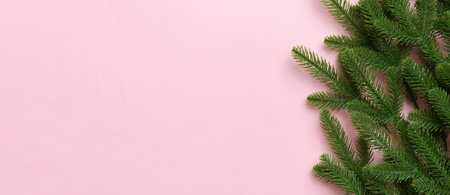 Christmas holiday background with copy space for advertising text. Fir branches on color background. Flat lay, top view.の写真素材