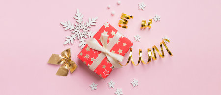 New Year composition. Christmas decor background with gift boxes. Top view with copy space.の写真素材