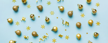 Christmas composition. a pattern of christmas balls on colored background. Flat lay, top view New year decor.の写真素材
