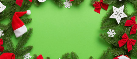 Christmas decorations and fir tree branch and gift boxon dark table. Top view frame with copy space.の写真素材