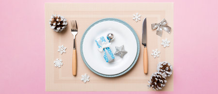 Christmas dinner background with rustic decorations and kitchen utensils. View from above.の写真素材