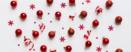 Christmas composition. a pattern of christmas balls on colored background. Flat lay, top view New year decor.の写真素材