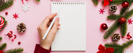 Woman writing Christmas to do list on notebook on colored background with xmas decorations.の写真素材