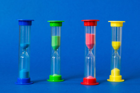 hourglass on the table, sand clock as time passing concept for deadline, copy space.