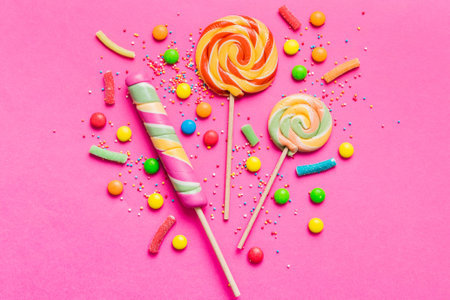 Tasty appetizing Party Accessories Happy Birthday Sweet. Different types of candies on colored...