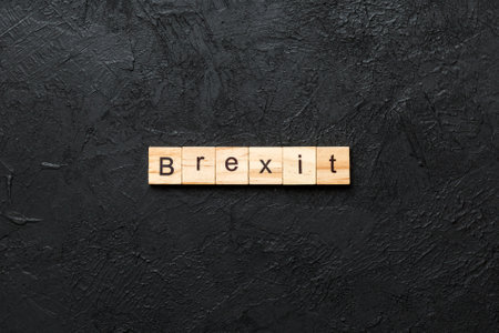 Brexit written word on wood block. Brexit text on cement table for your design, concept.