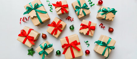 Colored craft gift boxes with colorful ribbons on colored background. Collection of Christmas...