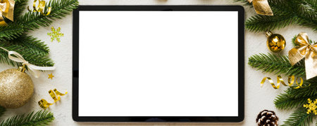 Top view of empty on Christmas background made of new year decorand festive decorations. New year holiday concept. Mockup.の写真素材