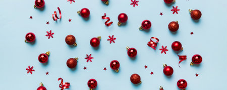Christmas composition. a pattern of christmas balls on colored background. Flat lay, top view New...