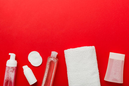 Micellar cleansing water and discs to remove cosmetics and cleanse the skin on colored background. Copy space top view.の写真素材