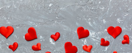 Valentine day background with red hearts, top view with copy space.の写真素材