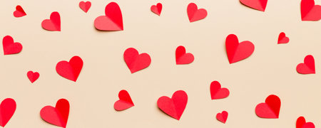 Valentine day background with red hearts, top view with copy space.