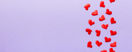 Valentine day background with red hearts, top view with copy space.の写真素材