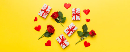 Kraft Gift box with beautiful red ribbon and rose, concept of Valentine day, anniversary, mother day...