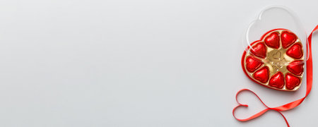 Delicious chocolate pralines in red box for Valentine's Day. Heart shaped box of chocolates top view with copy space.の写真素材