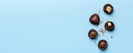 Different kinds of chocolates on colored table close-up. Top View and Flat Lay with copy space.の写真素材