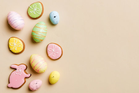 Happy Easter concept. Preparation for holiday. Easter eggs on colored background. flat lay top view copy space banner.の写真素材