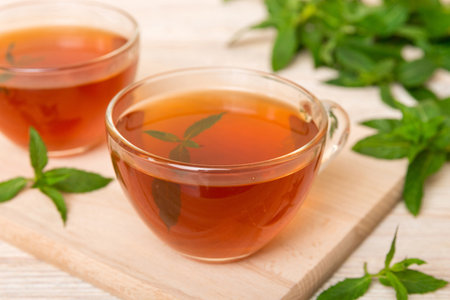 Cup of mint tea on table background. Green tea with fresh mint top view with copy space.の写真素材