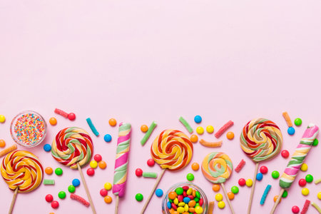 Tasty appetizing Party Accessories Happy Birthday Sweet. Different types of candies on colored background, copy space. Colorful birthday party background.の写真素材
