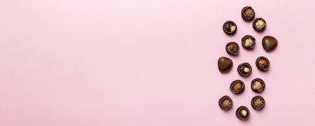 Different kinds of chocolates on colored table close-up. Top View and Flat Lay with copy space.の写真素材