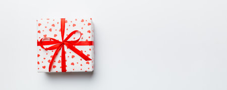 Valentine day composition: red gift box with bow and heart. Christmas present. View from above. Space for text. Holday greeting card.の写真素材