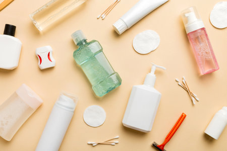 Mockup for bathing products top view flat lay, spa razor, toothpaste, soap, gel and other various accessories. Cosmetics for skin health. Bath Mockup for your logo.の写真素材