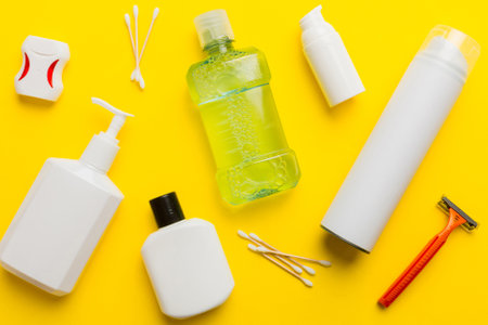 Mockup for bathing products top view flat lay, spa razor, toothpaste, soap, gel and other various accessories. Cosmetics for skin health. Bath Mockup for your logo.の写真素材