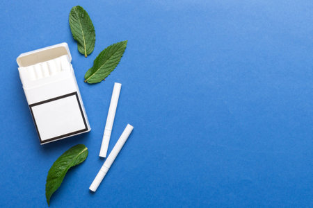 Pack of menthol cigarettes and fresh mint on colored table, Menthol cigarettes top view flat lay.