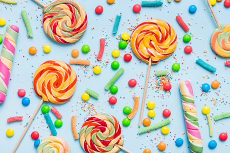 Tasty appetizing Party Accessories Happy Birthday Sweet. Different types of candies on colored background, copy space. Colorful birthday party background.の写真素材