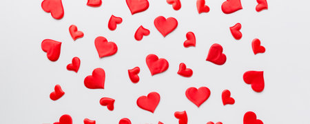 Valentine day background with red hearts, top view with copy space.の写真素材