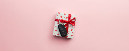 Give gift car key concept top view. Present box with red ribbon bow, heart and car key on pink...