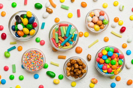different colored round candy in bowl and jars. Top view of large variety of sweets and candies with...