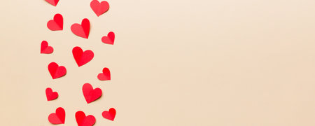 Valentine day background with red hearts, top view with copy space.の写真素材
