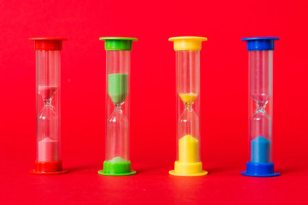 hourglass on the table, sand clock as time passing concept for business deadline, copy space.