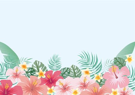 Floral vector plumeria and hibiscus flowers and tropical leaves background materialのイラスト素材