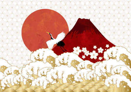 First Sunrise, Red Fuji, and the Sea: New Year's Card Materialのイラスト素材