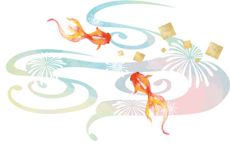 Watercolor goldfish and fireworks background material on white backgroundのイラスト素材