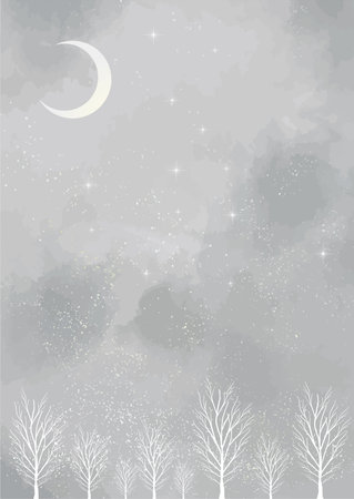 Illustration of trees on the background of watercolor starry skyのイラスト素材