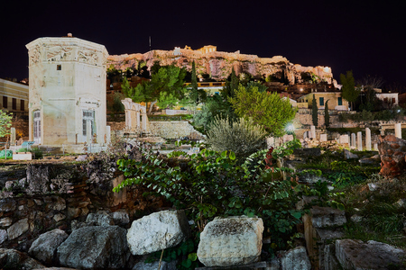 Ancient town of Athens with Acropolis at nightの写真素材