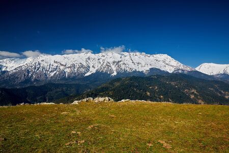 Snow covered mountain in a clear blue sky with white clouds on top green forest in the middle and...