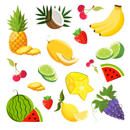 Vector set of different summer fruits. Bananas, watermelon, pineapple, grapes, berries and others. Illustration in flat style.のイラスト素材