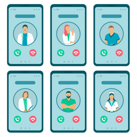 Vector set of smartphones for online call with the attending doctor. Icons of the medical staff avatar. Isolated phones.のイラスト素材