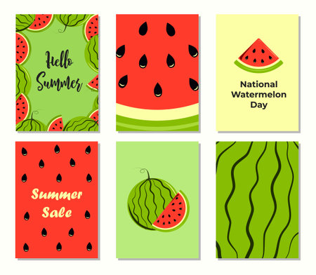 National Watermelon Day. A set of vector posters with summer fruits and design elements.のイラスト素材
