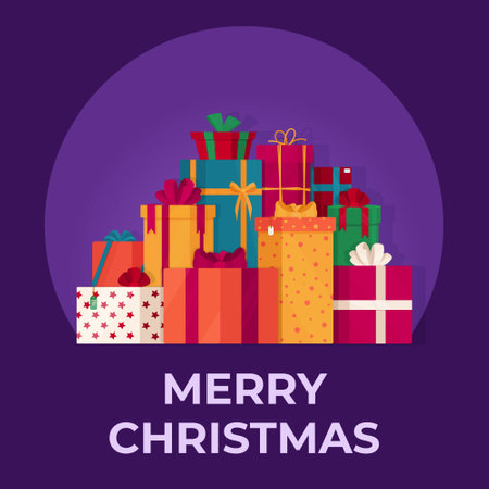 Vector illustration of a set of gifts on a purple background. Drawing with beautiful Christmas boxes. Merry Christmas.のイラスト素材