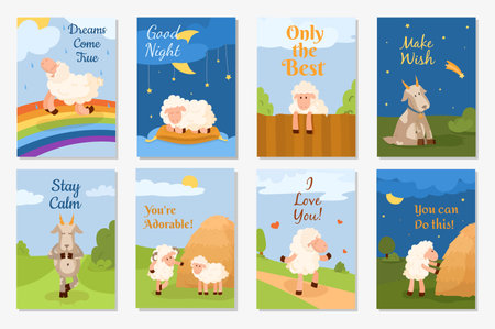 Set of cute fun postcards with sheep, rams and goats. Vector illustration is made in flat style. Posters for wishes. Postcards for love, hospitality, curiosity, dreaminess, confidence and purposefulness. Night and day posters.のイラスト素材
