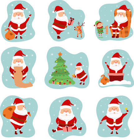 Vector illustration on a Christmas theme of nine Santa stickers. New Year's Eve stiker setのイラスト素材