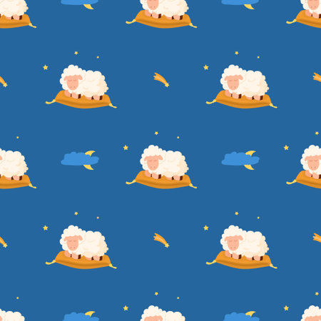 It's an unusual pattern with sleeping sheep. The vector illustration is made in flat style. Sheep sleeping, snore, nap, dream. This pattern is seamless with a blue night background. In the background, a starry sky with the moon and small stars. The drawing uses one kind of sheep.のイラスト素材
