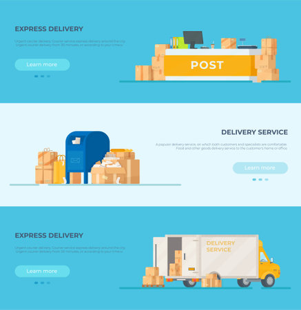 Poster of a mailing site. Vector illustration of parcels. Order delivery.Car, box, post office.のイラスト素材